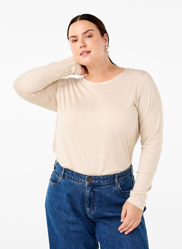 Zizzifashion Long-sleeved T-shirt with round neck, Oatmeal Mel., Model image number 0