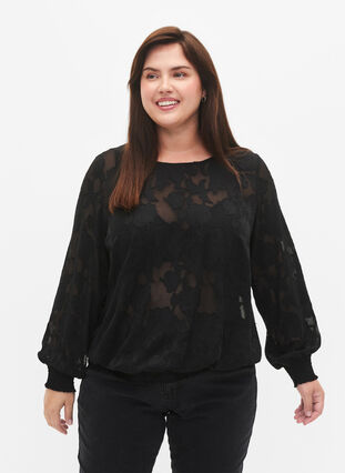 Zizzifashion Jacquard blouse with smocking, Black, Model image number 0