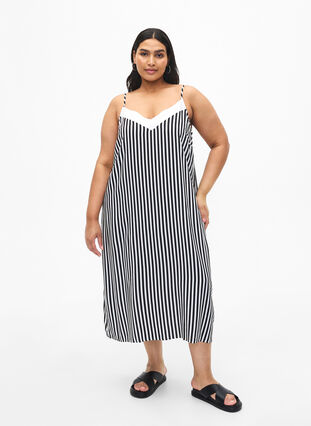 Zizzifashion FLASH - Striped strap dress in viscose, Black White Stripe, Model image number 0