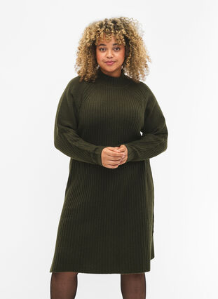 Zizzifashion Ribbed Knit Dress with Turtleneck, Forest Night Mel., Model image number 0