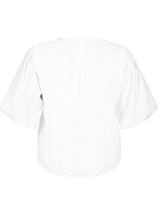Blouse with puffed sleeves and lace pattern, Bright White, Packshot image number 1