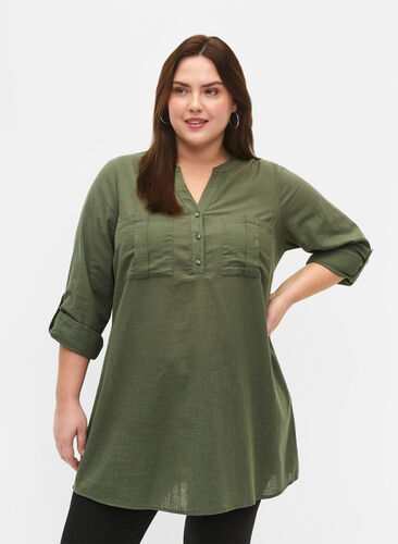 Zizzifashion Cotton tunic with 3/4 sleeves, Thyme, Model image number 0