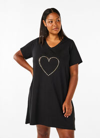 Organic cotton nightgown with v-neck, Black Powerful, Model
