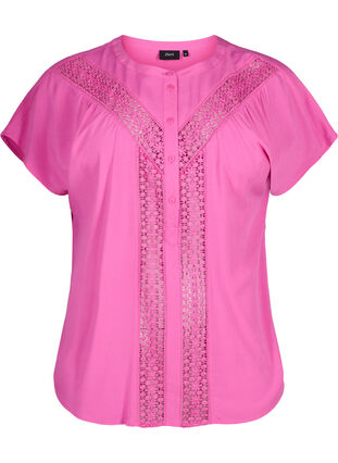 Viscose blouse with lace trim, Raspberry Rose, Packshot image number 0