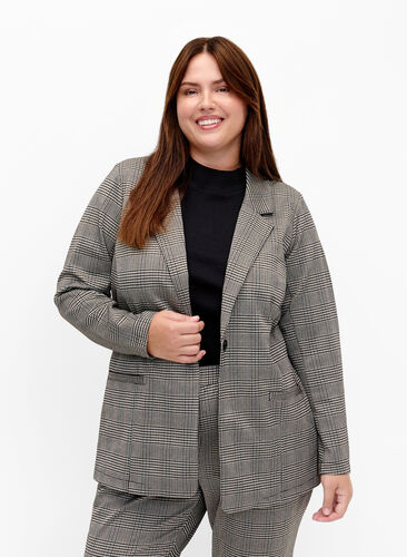 Zizzifashion Checkered blazer with button closure, Beige Brown Check, Model image number 0