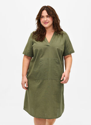 Zizzifashion Cotton blend hooded dress with linen, Deep Lichen Green, Model image number 0