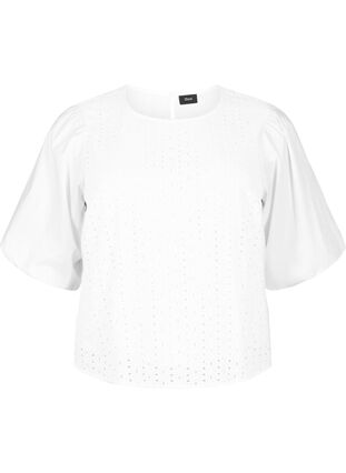 Blouse with puffed sleeves and lace pattern, Bright White, Packshot image number 0