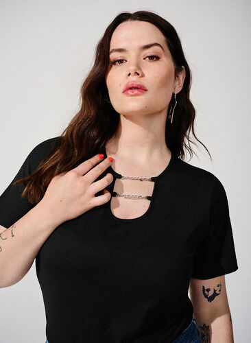 Zizzifashion Ribbed blouse with chain detail, Black, Image image number 0