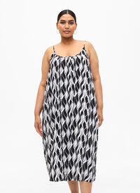 Viscose strap dress with print, Black Swirl AOP, Model