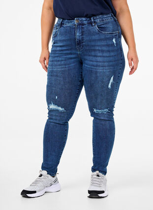 Zizzifashion Super slim Amy jeans with wear details, Blue Denim, Model image number 2