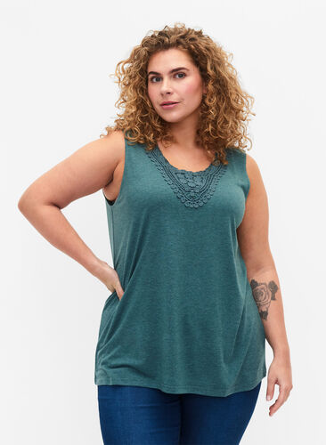 Zizzifashion Sleeveless top with lace, Sea Pine Melange, Model image number 0