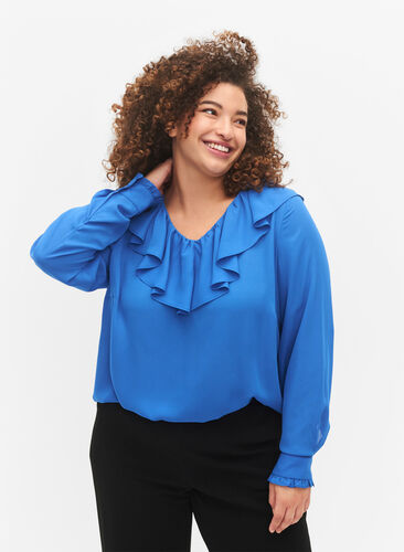 Zizzifashion Long sleeve ruffle blouse, Strong Blue, Model image number 0