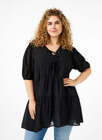A-line viscose tunic with lace-up detail, Black, Model