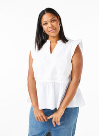 Sleeveless top with pin-tuck and ruffle details, Bright White, Model