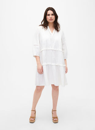 Zizzifashion 3/4 sleeve cotton dress with ruffles, Bright White, Model image number 2