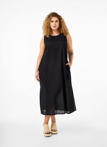 Zizzifashion Sleeveless cotton blend dress with linen, Black, Model image number 0