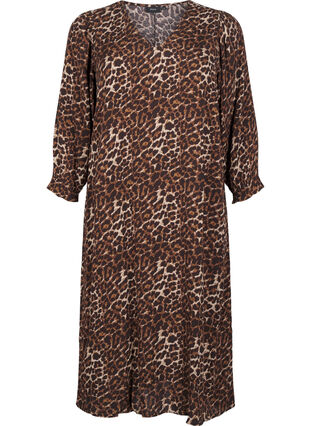 Zizzifashion Long leopard print dress with 3/4 sleeves, Leo AOP, Packshot image number 0