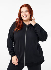 Sweat cardigan with a hood and pockets, Black, Model