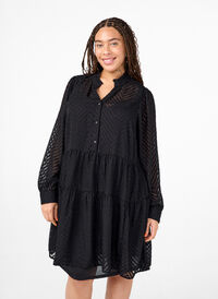 Textured short dress with a ruffle collar, Black, Model