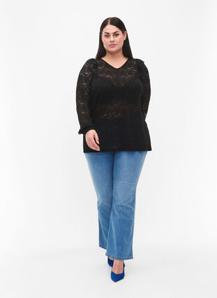 Zizzifashion Long-sleeved lace blouse, Black, Model image number 2