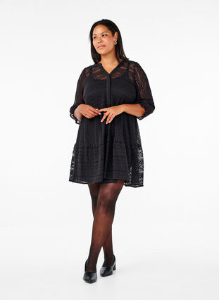 Zizzifashion Short lace dress with 3/4 sleeves, Black, Model image number 3