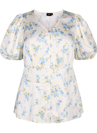 Zizzifashion Floral satin blouse with puff sleeves, Off White Blue Fl., Packshot image number 0