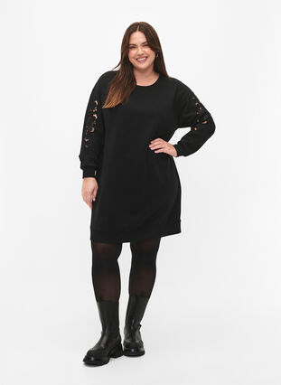 Zizzifashion Sweat dress with embroidered details, Black, Model image number 3