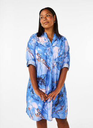 Zizzifashion Viscose shirt dress with marble print, Palace Blue AOP, Model image number 0