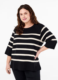 3/4 sleeve knitted blouse with stripes, Black Birch Stripes, Model