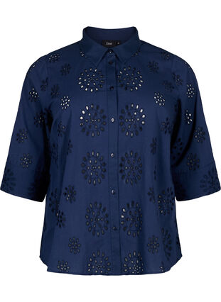 Zizzifashion Shirt blouse with embroidery anglaise and 3/4 sleeves, Navy Blazer, Packshot image number 0