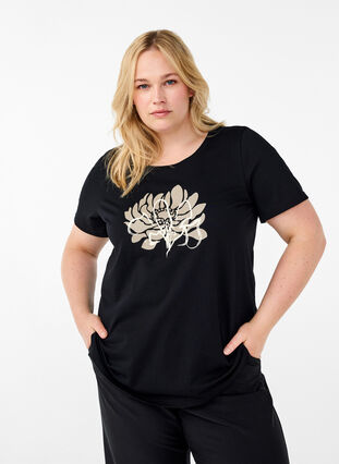 Zizzifashion T-shirt with a motif, Black w. Flower, Model image number 0