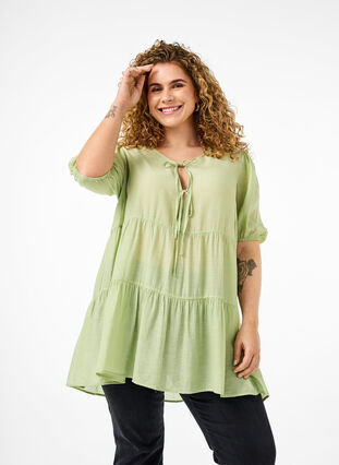 Zizzifashion A-line viscose tunic with lace-up detail, Foam Green, Model image number 0