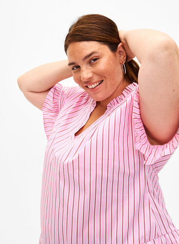 Zizzifashion Striped blouse with peplum and ruffle details, Pink Red Stripe, Image image number 0