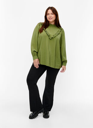 Zizzifashion Viscose blouse with frills, Loden Green, Model image number 2