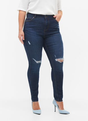 Zizzifashion Super slim Amy jeans with destroy and high waist, Dark blue, Model image number 2