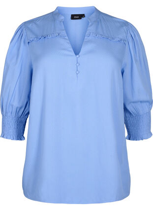 Zizzifashion Viscose blouse with smock and ruffle detail, Cornflower Blue, Packshot image number 0