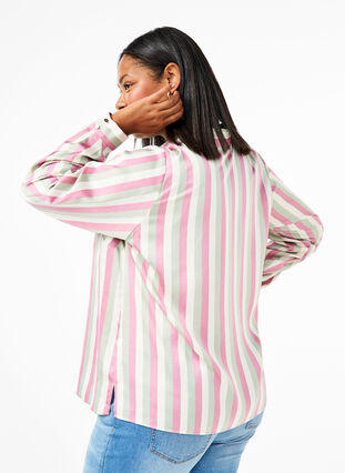 Zizzifashion Striped satin shirt with collar, Rose Stripe, Model image number 1