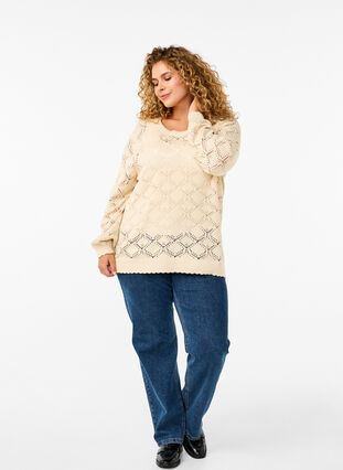 Zizzifashion Knitted blouse with scallop pattern, Birch, Model image number 2