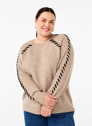 Zizzifashion Knitted blouse with stitching, Desert T.Wh.Mel.Comb, Model image number 0