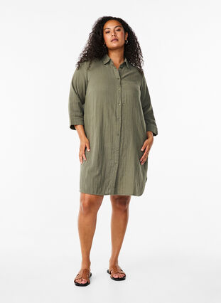 Zizzifashion Long shirt in cotton muslin, Thyme, Model image number 2