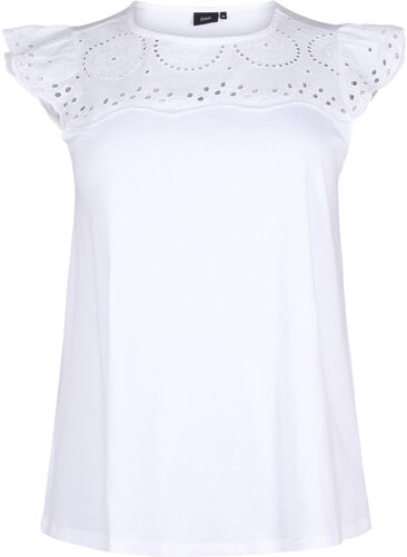 Zizzifashion Organic cotton T-shirt with broderie anglaise, Bright White, Packshot image number 0