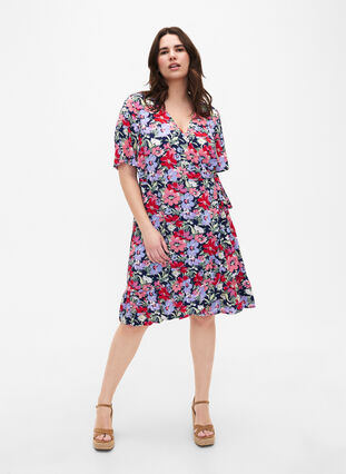 Zizzifashion Printed wrap dress with short sleeves, Multi Big Flower AOP, Model image number 2