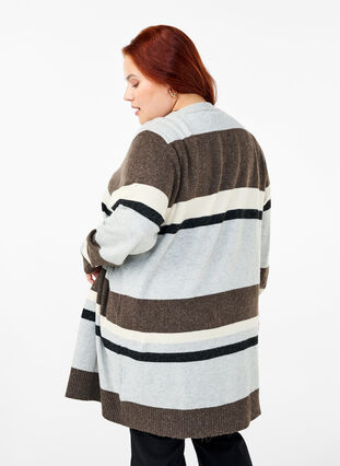 Zizzifashion Long knit cardigan with wide stripes, Light Grey Mel.Comb, Model image number 1