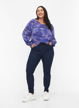 Zizzifashion FLASH - Long sleeved blouse with smock and print, Dazzling Blue AOP, Model image number 2