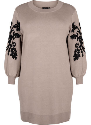 Zizzifashion Knitted dress with embroidery details, Desert Taupe Comb, Packshot image number 0