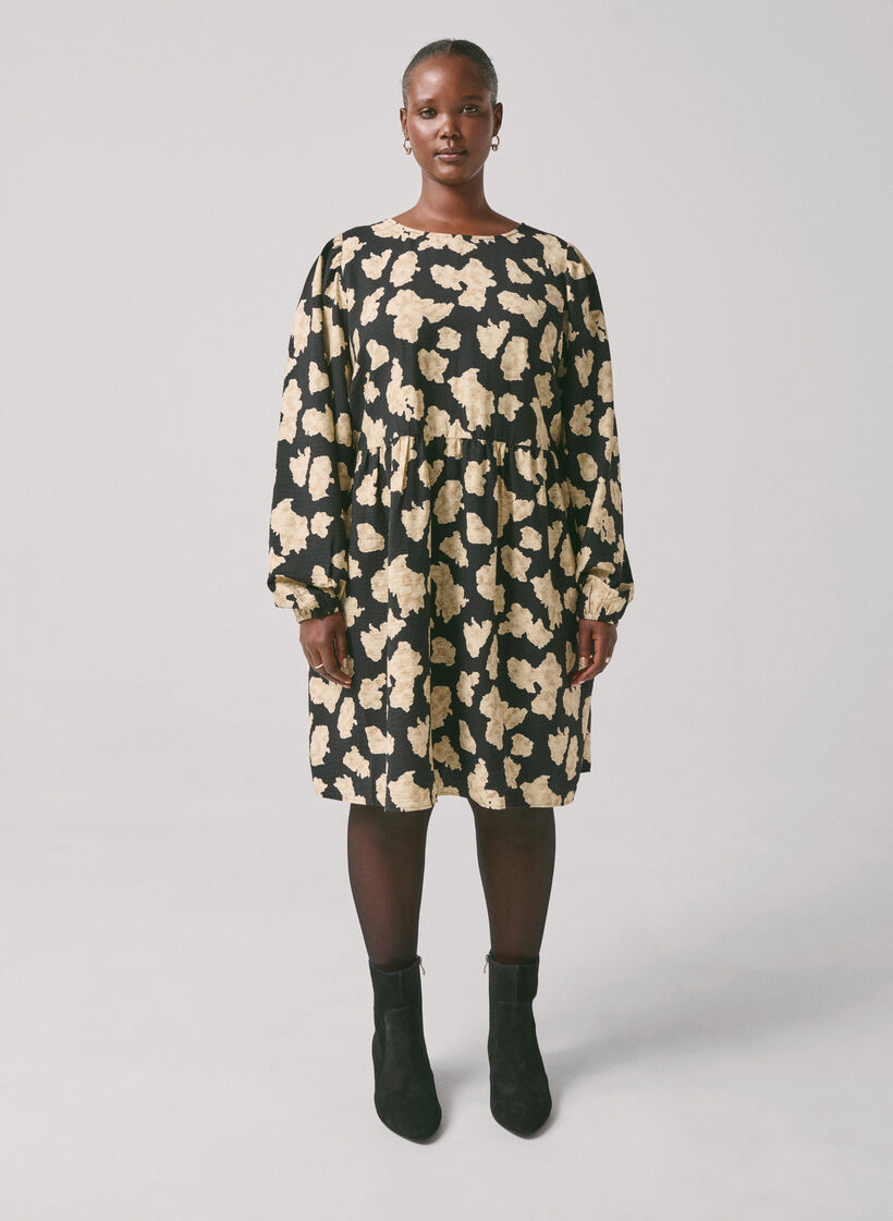 Long-sleeved dress with print and bows, Black AOP, Image