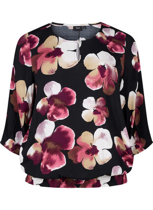 Zizzifashion Viscose blouse with print and smock, Black Pink FlowerAOP, Packshot image number 0