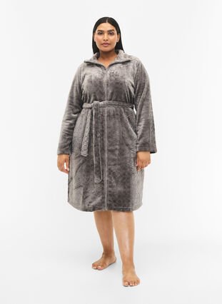 Zizzifashion Patterned dressing gown with zipper and pockets, Grey, Model image number 2