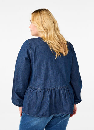 Zizzifashion Peplum blouse in denim with a tie fastening, Dark Blue Denim, Model image number 1