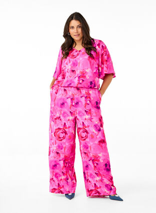 Zizzifashion Floral jumpsuit with batwing sleeves, Pink Rose AOP, Model image number 1